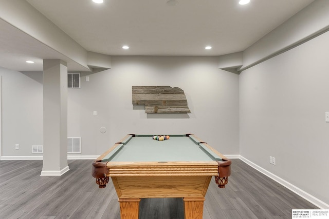 playroom featuring wood-type flooring and pool table