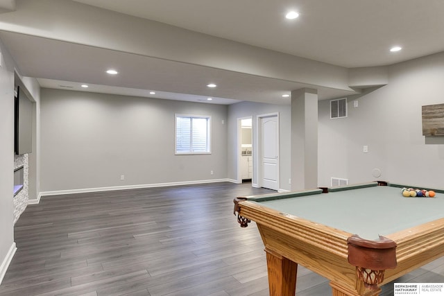 rec room featuring hardwood / wood-style floors and pool table