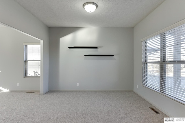 carpeted spare room with a textured ceiling