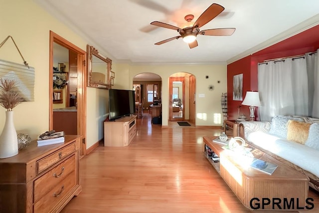 living room with light wood-type flooring and ceiling fan