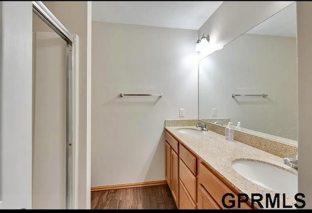 bathroom featuring hardwood / wood-style flooring and vanity