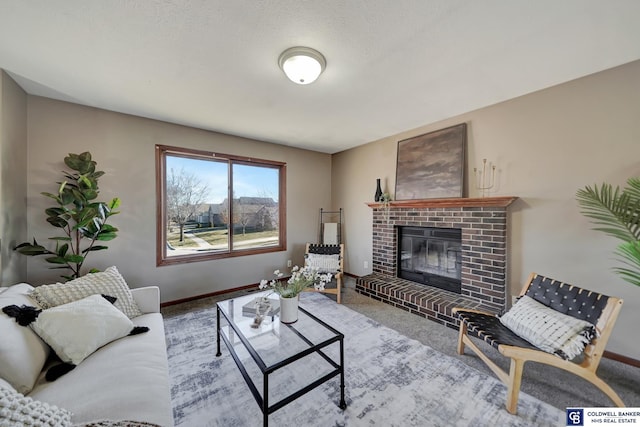 carpeted living room with a fireplace