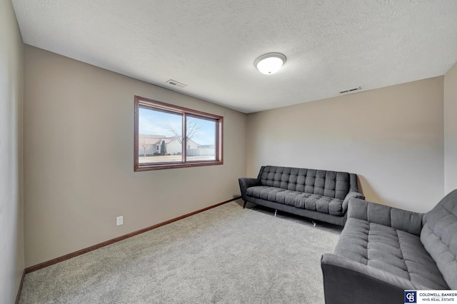 living room featuring carpet floors and a textured ceiling