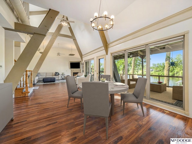 dining area featuring beam ceiling, ceiling fan, dark hardwood / wood-style floors, and high vaulted ceiling