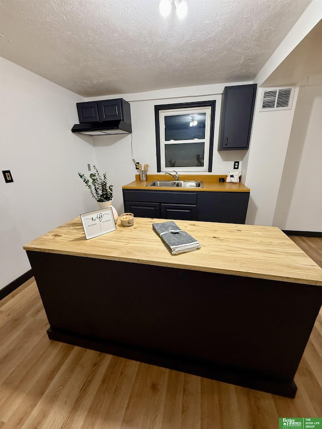 kitchen with sink, a textured ceiling, and light hardwood / wood-style flooring