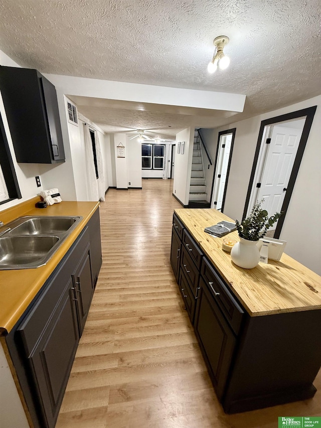 kitchen with a textured ceiling, dark brown cabinetry, wood counters, light hardwood / wood-style floors, and sink