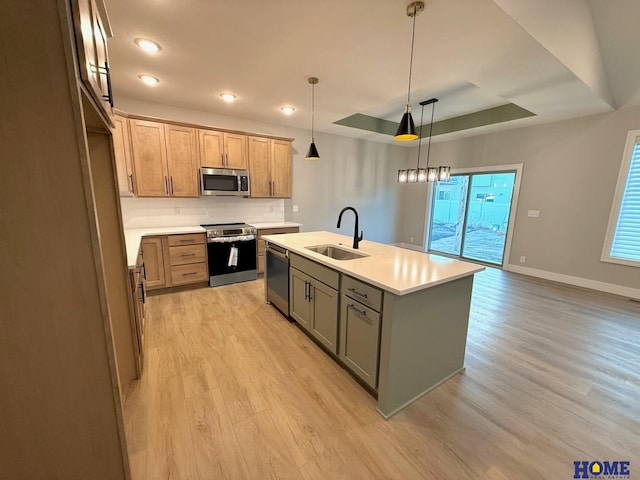 kitchen featuring a center island with sink, appliances with stainless steel finishes, a raised ceiling, decorative light fixtures, and sink