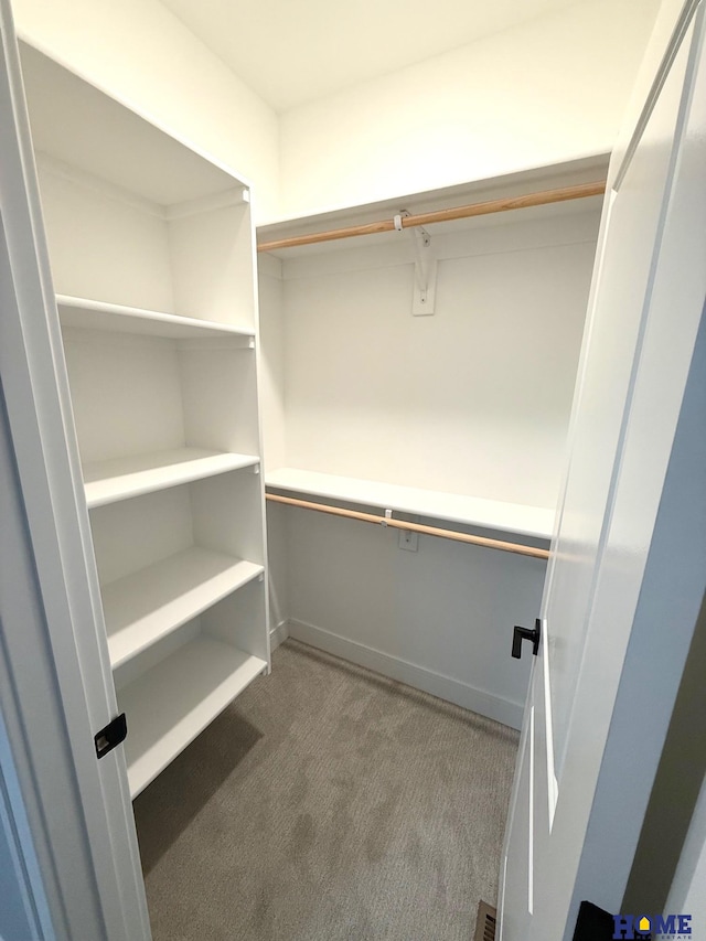 walk in closet featuring light carpet