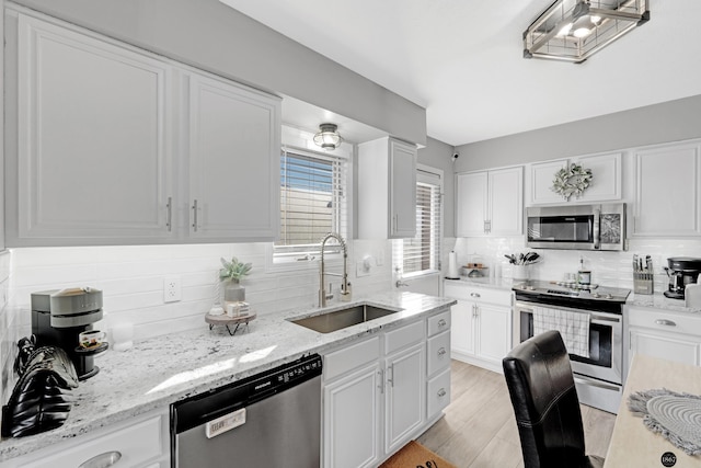 kitchen with white cabinets, stainless steel appliances, sink, backsplash, and light wood-type flooring