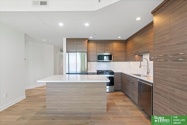 kitchen featuring sink, backsplash, stainless steel appliances, and light wood-type flooring