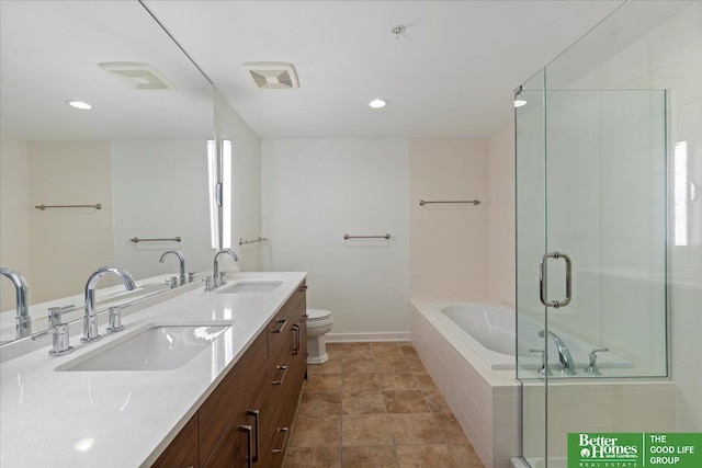 full bathroom featuring toilet, vanity, and plus walk in shower