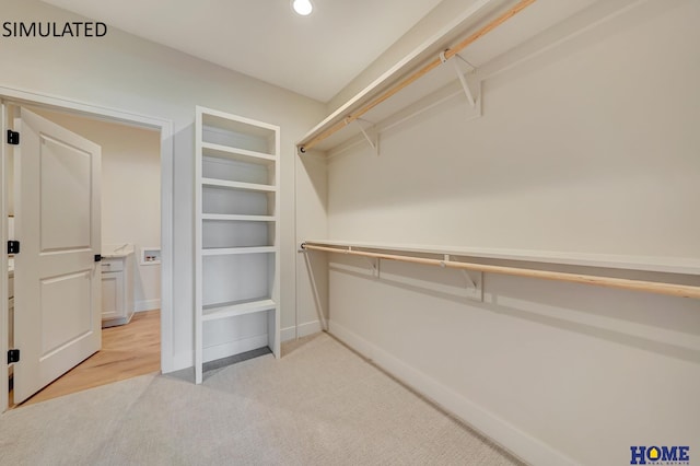 spacious closet featuring light colored carpet