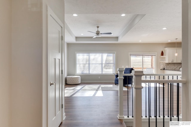 hall featuring hardwood / wood-style floors and a raised ceiling