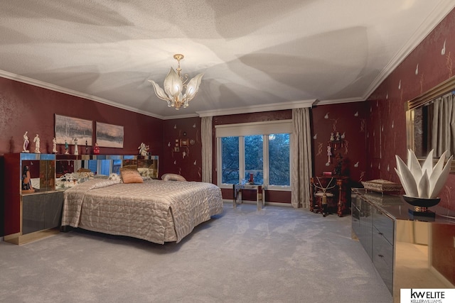 bedroom with carpet, crown molding, a chandelier, and a textured ceiling