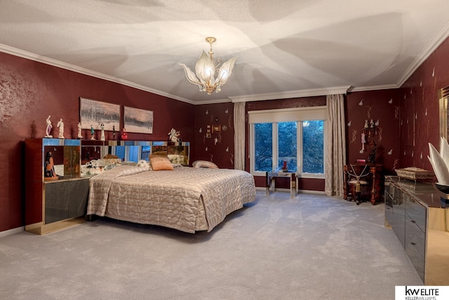 bedroom with a textured ceiling, ornamental molding, a chandelier, and carpet flooring