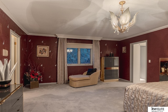 bedroom featuring a chandelier, light colored carpet, and ornamental molding