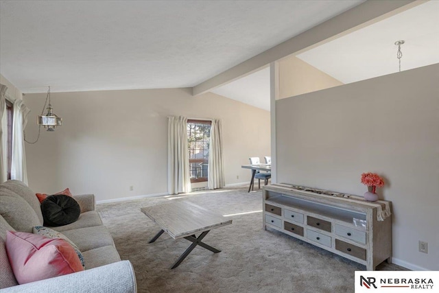 living room with carpet floors and lofted ceiling with beams