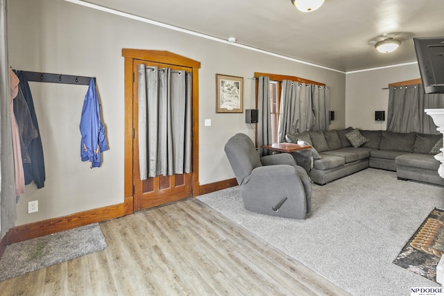 living room featuring crown molding and light hardwood / wood-style floors