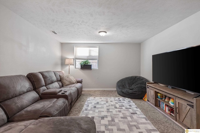 living room featuring a textured ceiling and light colored carpet