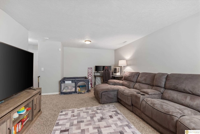 carpeted living room featuring a textured ceiling