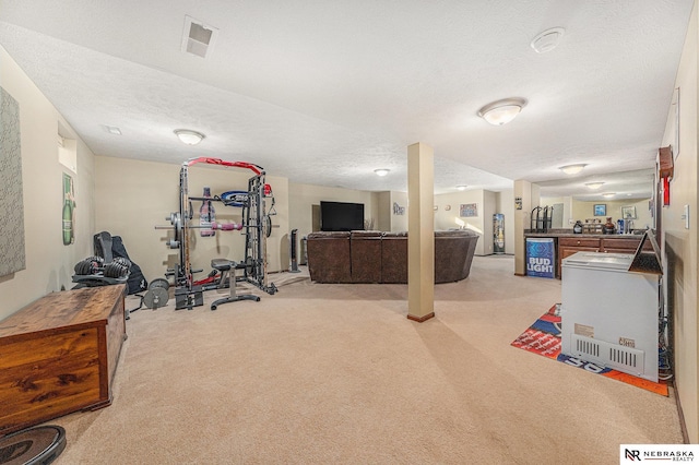 exercise area with a textured ceiling and light carpet