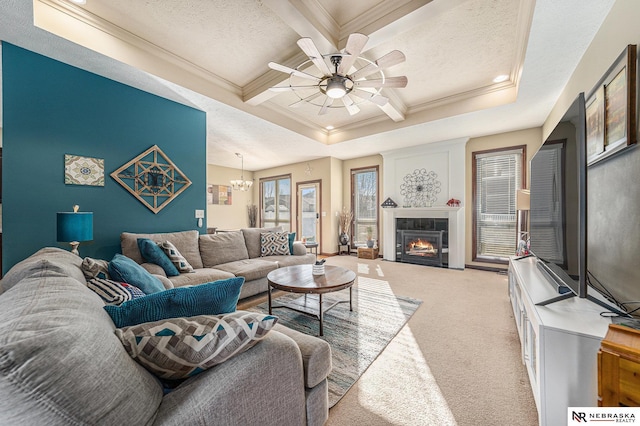 living room with ceiling fan with notable chandelier, a textured ceiling, beamed ceiling, light colored carpet, and coffered ceiling