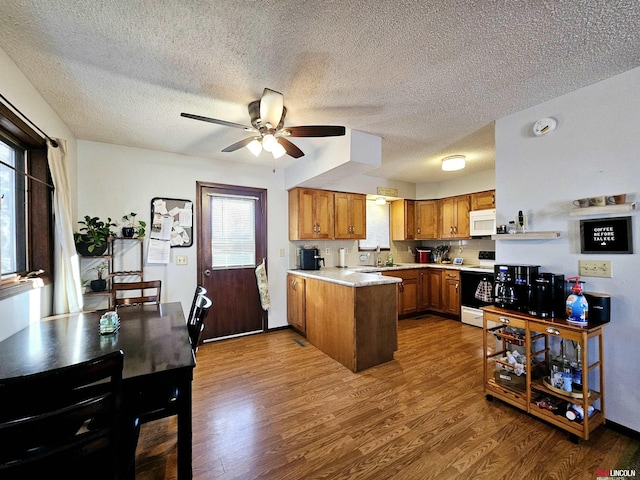 kitchen with dark hardwood / wood-style flooring, sink, white appliances, and kitchen peninsula