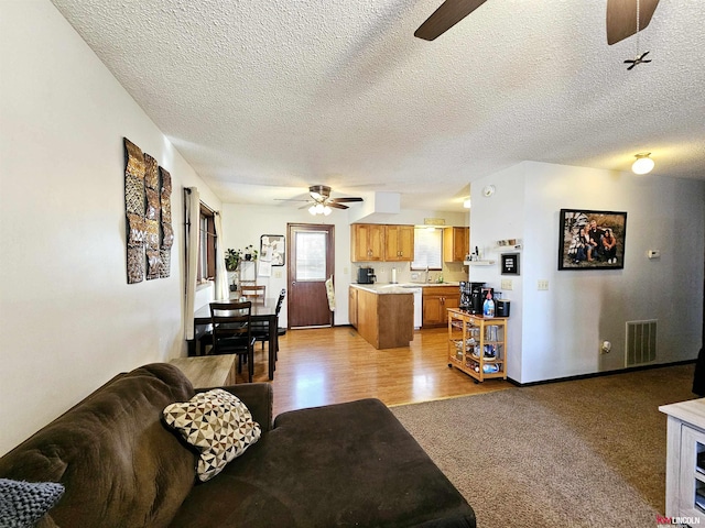 living room featuring sink, a textured ceiling, light hardwood / wood-style floors, and ceiling fan