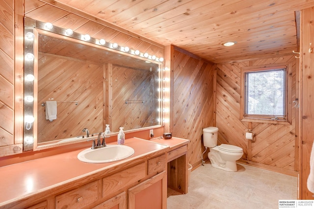 bathroom with vanity, toilet, wood ceiling, and wooden walls