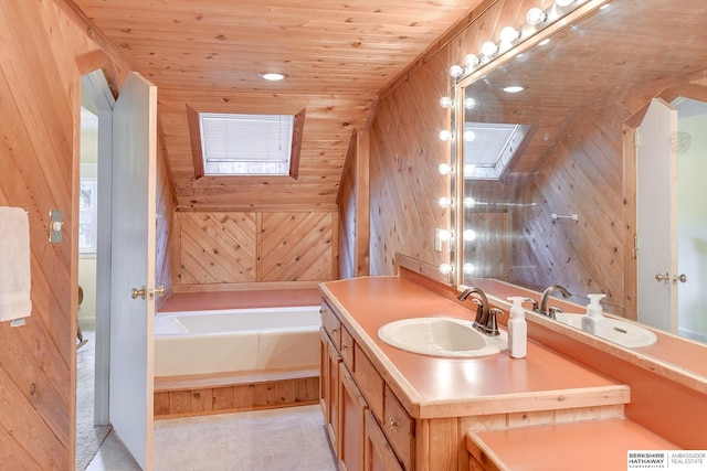 bathroom featuring a tub to relax in, vanity, wood ceiling, and wood walls