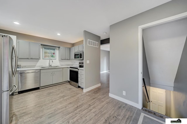 kitchen featuring sink, gray cabinets, stainless steel appliances, and light hardwood / wood-style flooring