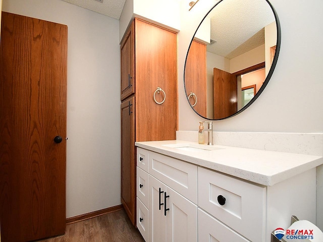 bathroom with vanity, wood-type flooring, and a textured ceiling