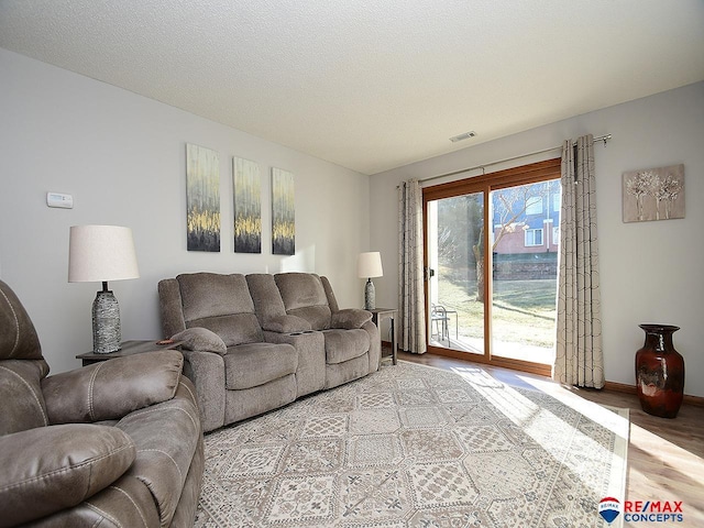 living room with a textured ceiling and light hardwood / wood-style flooring