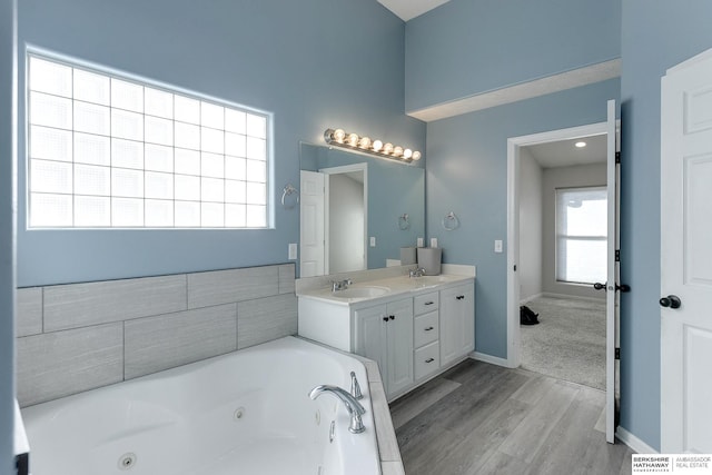 bathroom with a tub to relax in, wood-type flooring, and vanity