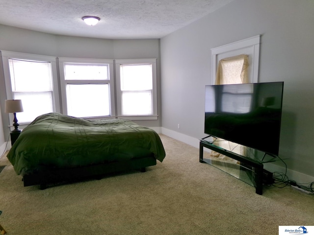 carpeted bedroom with baseboards and a textured ceiling