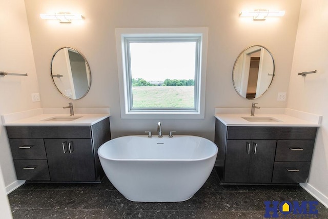 bathroom with vanity and a washtub