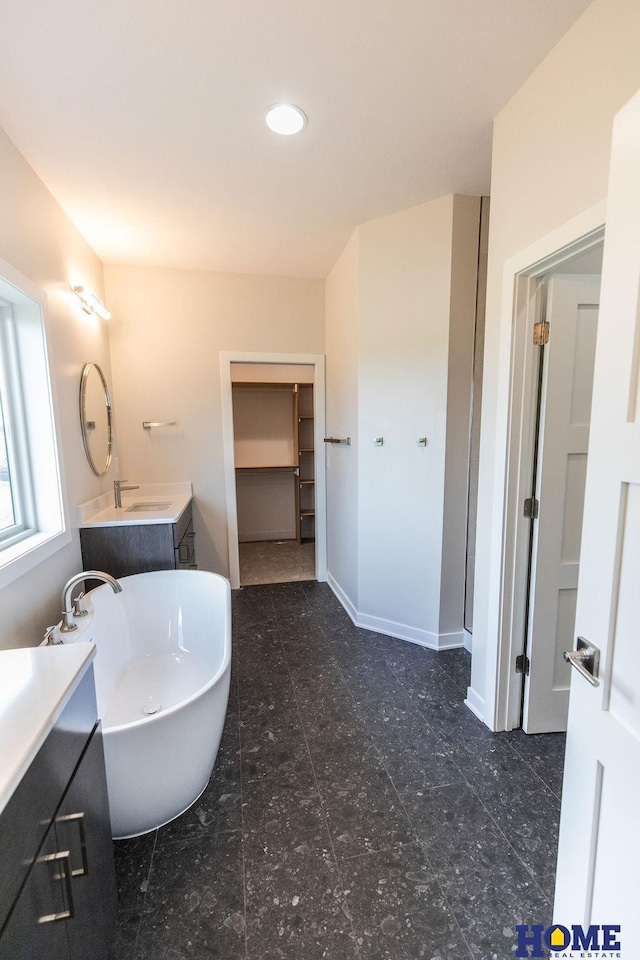 bathroom with vanity and a washtub