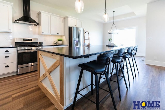 kitchen with white cabinets, appliances with stainless steel finishes, wall chimney exhaust hood, an island with sink, and a tray ceiling