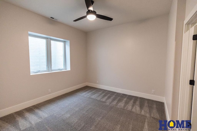 unfurnished room featuring carpet floors and ceiling fan