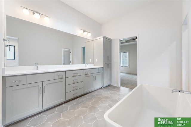 bathroom with vanity and a washtub