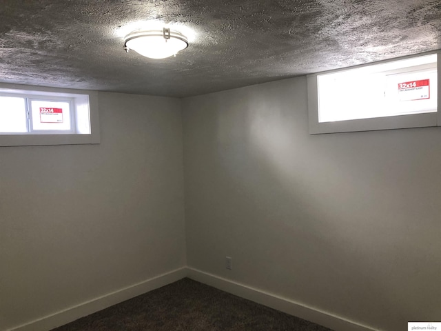 basement featuring carpet floors and a textured ceiling