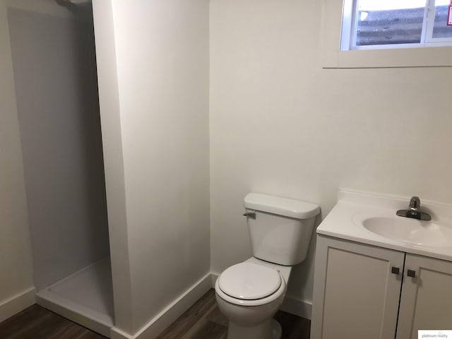 bathroom featuring toilet, vanity, and hardwood / wood-style flooring