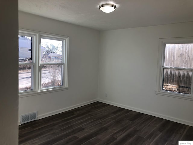 unfurnished room featuring a healthy amount of sunlight and dark wood-type flooring