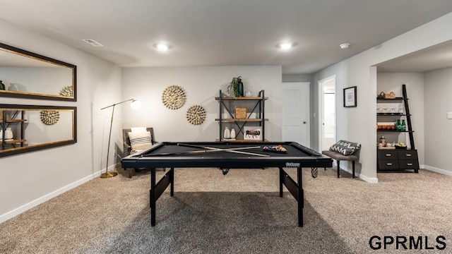 playroom with pool table and carpet flooring