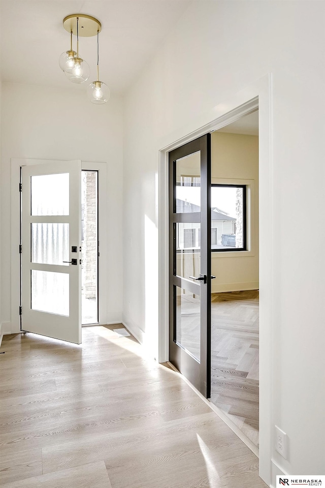 entryway with french doors and light hardwood / wood-style flooring