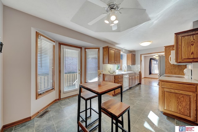 kitchen featuring sink, dishwasher, and ceiling fan