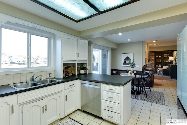 kitchen featuring sink, white cabinets, dishwasher, and kitchen peninsula