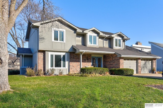 view of front facade with central AC unit, a garage, and a front lawn