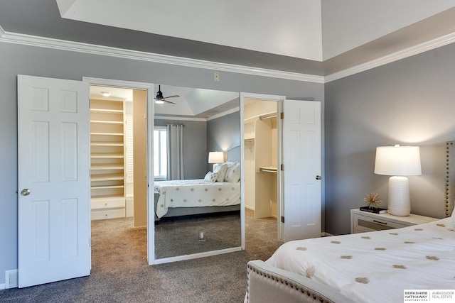 bedroom with ornamental molding, carpet floors, a closet, and a walk in closet