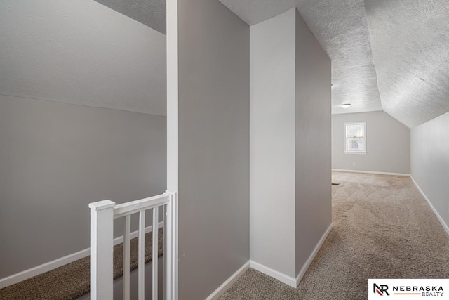 additional living space featuring light carpet, vaulted ceiling, and a textured ceiling